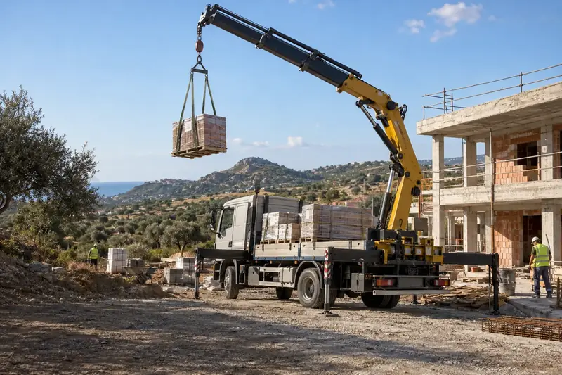 Autogru che solleva un pallet di mattoni in cantiere